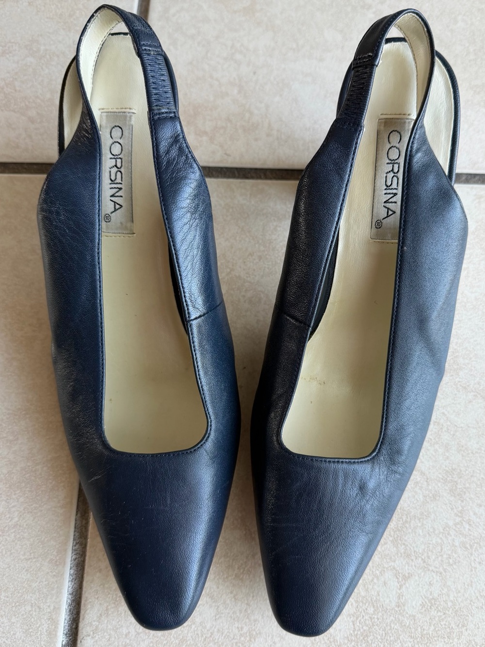 Navy Blue Leather Slingback Block Heel Pumps